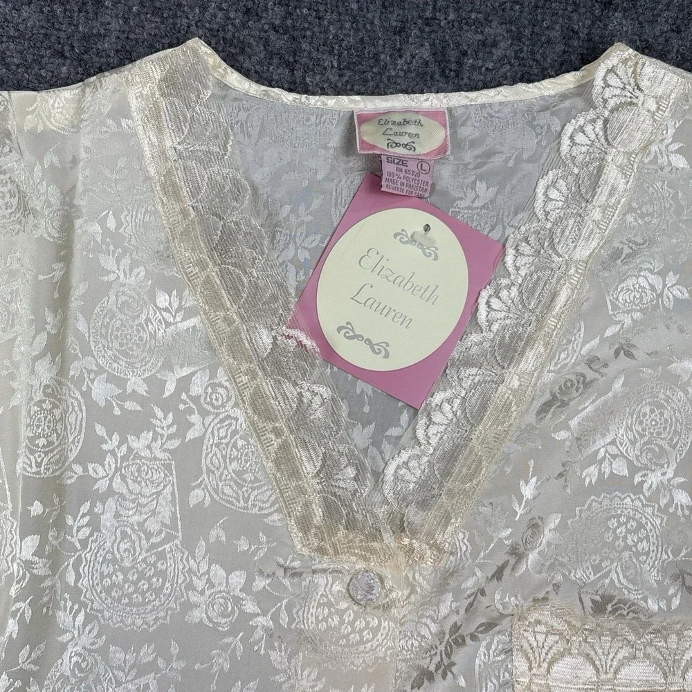 Elizabeth Lauren Womens L‎ Ivory Satin Jacquard Nightgown Lace Trim Coquette Y2K